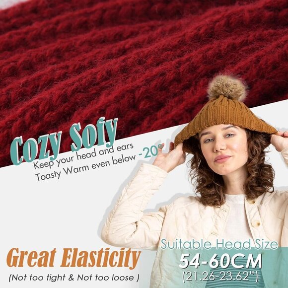 Women\'s Wine Red Winter Beanie Hat Satin Lined Faux Fur Pom Pom Beanies Hat main image 4